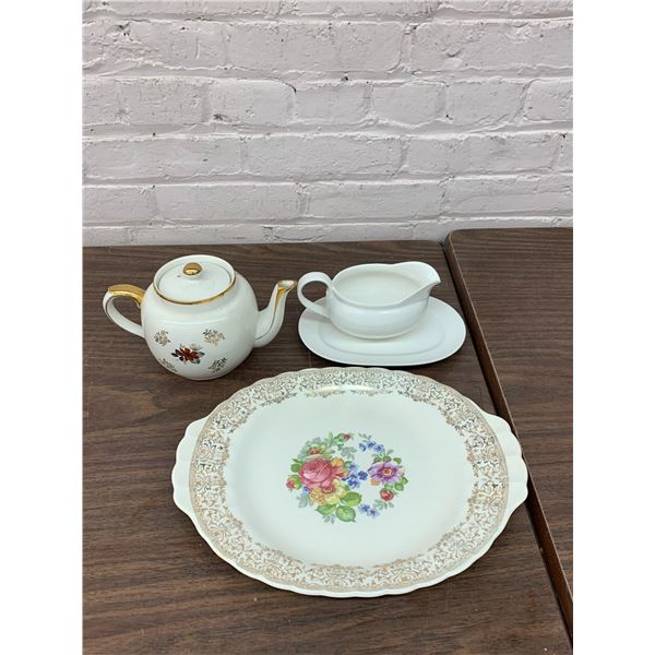 3pcs of Ceramic Tea Pot, Limoges Platter, Gravy Boat