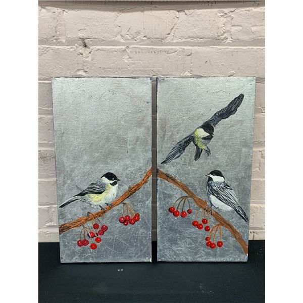 Chickadees on Red Berry Branches Pair of Original Paintings  16" x 8"