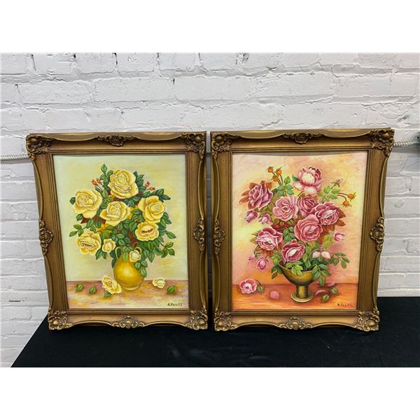 Pair of Ornately Framed Original Floral Paintings Artist Signed R. Paget