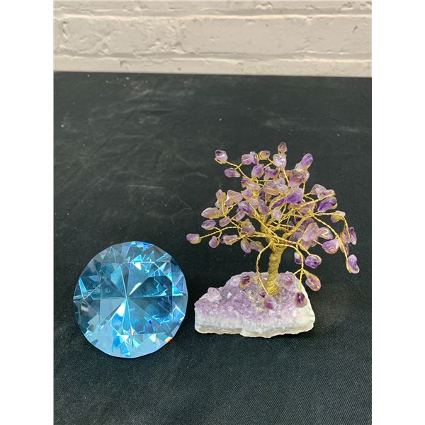 Rosenthal Diamond Paper Weight and Amethyst Gemstone Tree on Cluster 5"