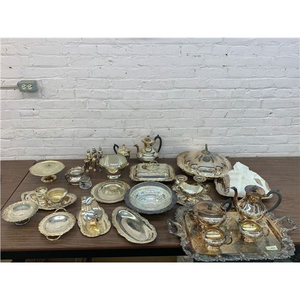 LARGE LOT of Silverware Service Salt, Pepper, Trays, Tea, Gravy, Coffee, Chafing Dish, etc