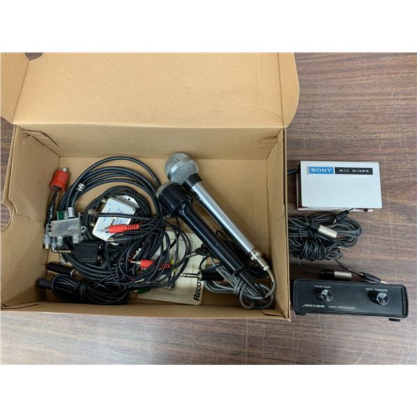 Box of Audio Related Microphones, Video Processor, Mic Mixer, Cables