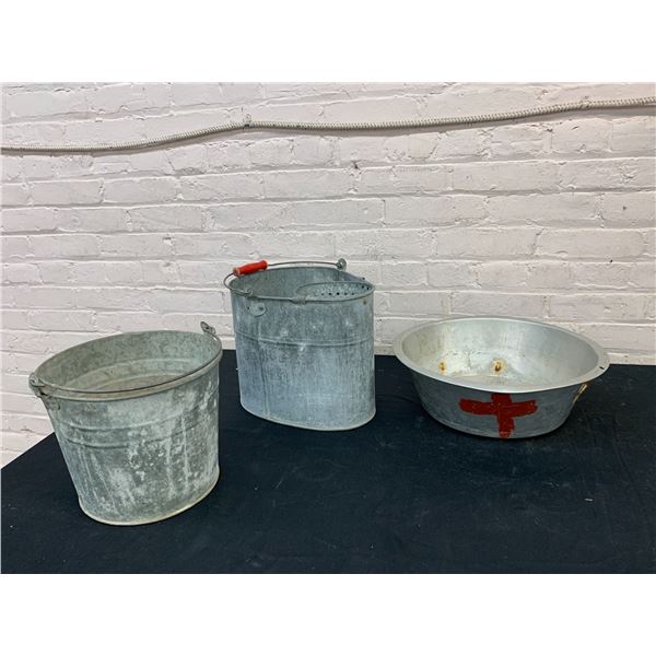 Lot of 3 Galvanized Steel Buckets and Bowl