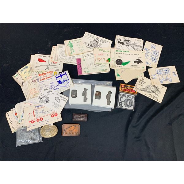 Vintage Automotive Belt Buckles, Patches, Advertising CB Call Cards