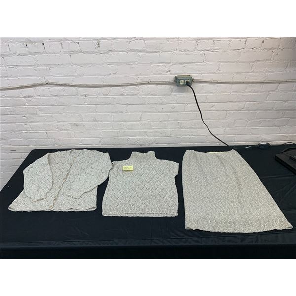 Ladies 3pc Handmade Knit Set Turtleneck Shortsleeve, Mid-Length Skirt and Cardigan
