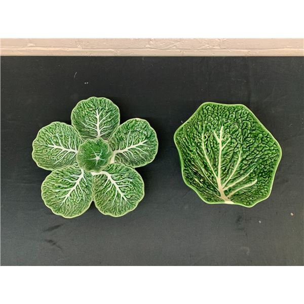 Pair of Vintage MCM Cabbage Leaf Pottery Divided Serving Bowl and Large Bowl