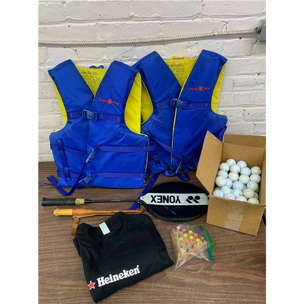 Life Jackets, Golf Balls, Badminton Racket, Fishing Knife, Beer Shirt