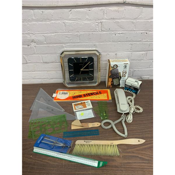 Lot of Vintage Drafting Set, Telephone, GPS, Wall Clock Office