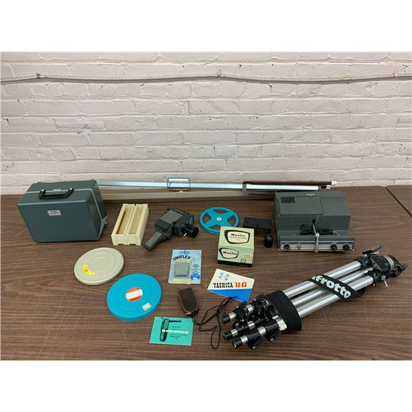 TABLE of Film / Projector Related Items Floor Standing Pulldown Screen, Tripod, Projector, Slides +