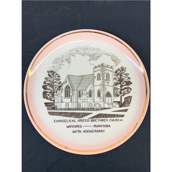 Vintage Medicine Hat 22k Gold Painted "Evangelical United Brethren Church" Winnipeg Manitoba Plate