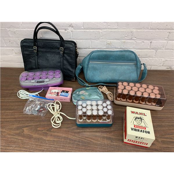 Vintage Lot of Womens Cosmetics Related, Hair Curlers, Bags, Head Vibrator, Cosmetic Mirror Case