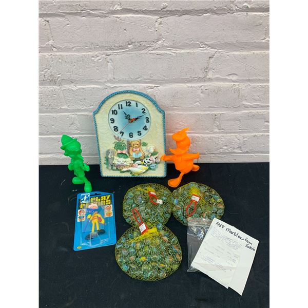 Vintage 1988 Eatons Marbles w Receipt, Walt Disney Pinocchio and Donald Duck, Wall Clock, Toy