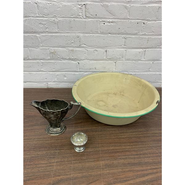 Enamelware Wash Bowl, Silverplate Pitcher and Small Vintage Rose Bowl