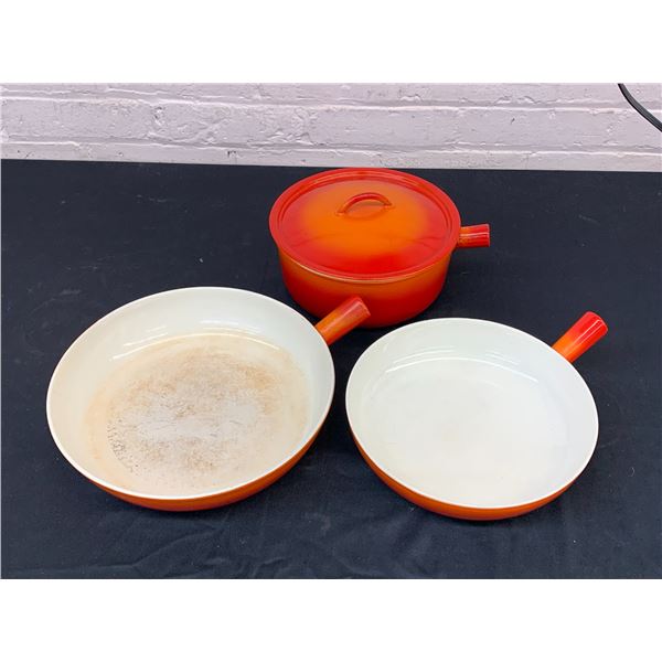 Lot of 3 Belgium Cast Iron Pans, Pot with Lid, Gradient Orange