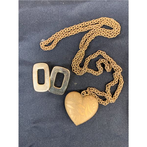 Pair of Geometric Gold Tone Earrings and Heart Shaped Locket Necklace