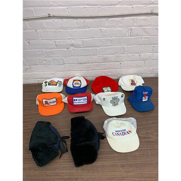 Lot of 9 Baseball Caps Snap Back Trucker Hats Advertising, Beer, etc &  2 Fur Hats