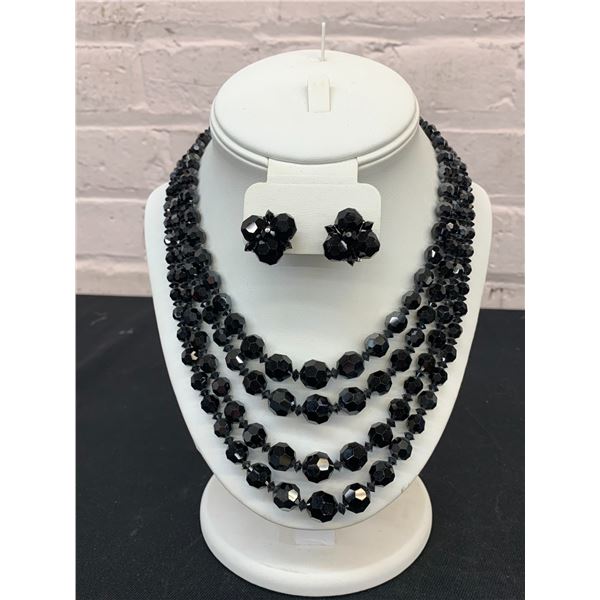 Vintage Sherman Costume Jewellery Black Beaded Necklace and Clip-on Earring Set