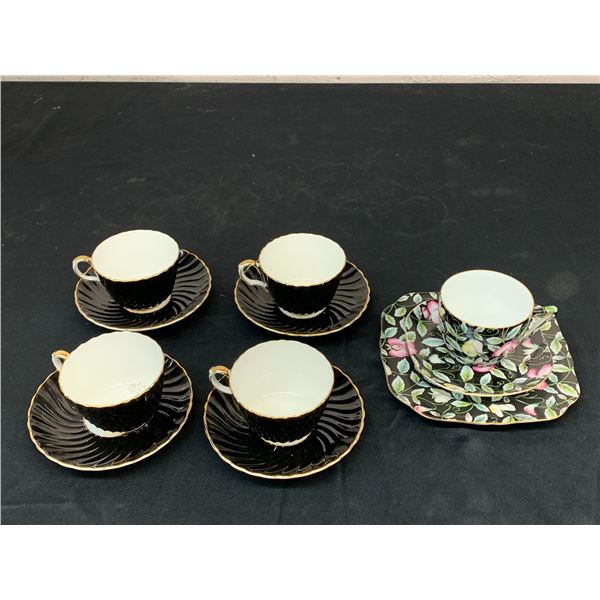 Lot of 11pcs Aynsley Black Tea Cups and Saucers, Gold China Made in Japan Trio Fine Bone China