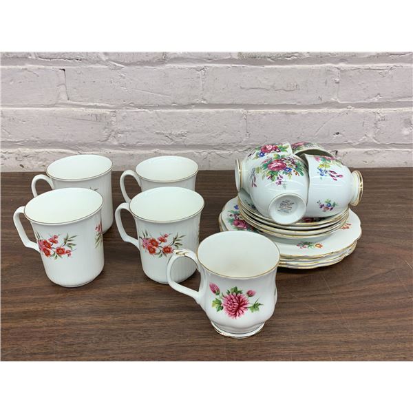 Lot of Fine Bone China England Roslyn 4pc Trios Set, 4 Queen Anne Coffee Mugs and Royal Albert Cup
