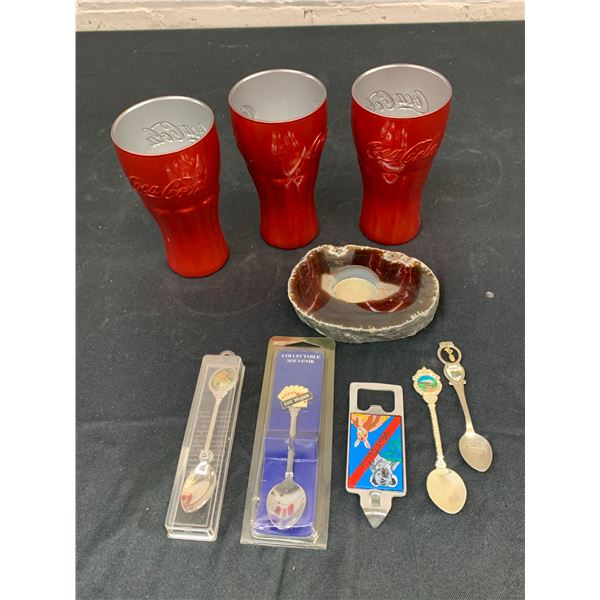 Lot of Collectible Spoons, Coca Cola Glass, Cut Stone Candle Holder