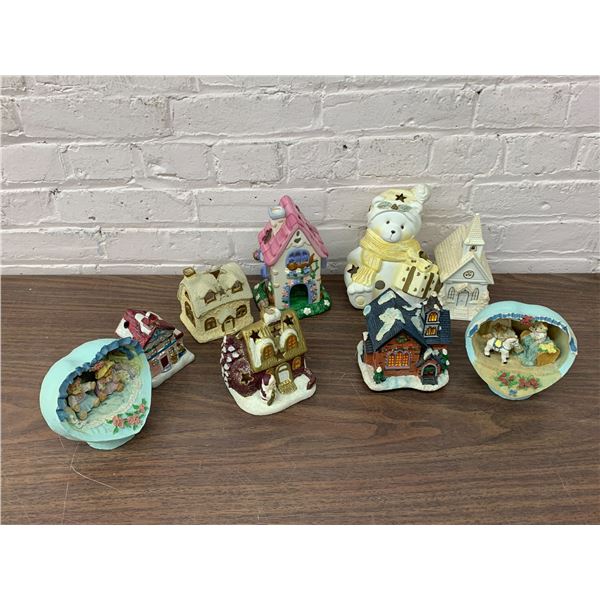 Lot of Candle Holders, Little Houses, Bear, Ceramic Decorations