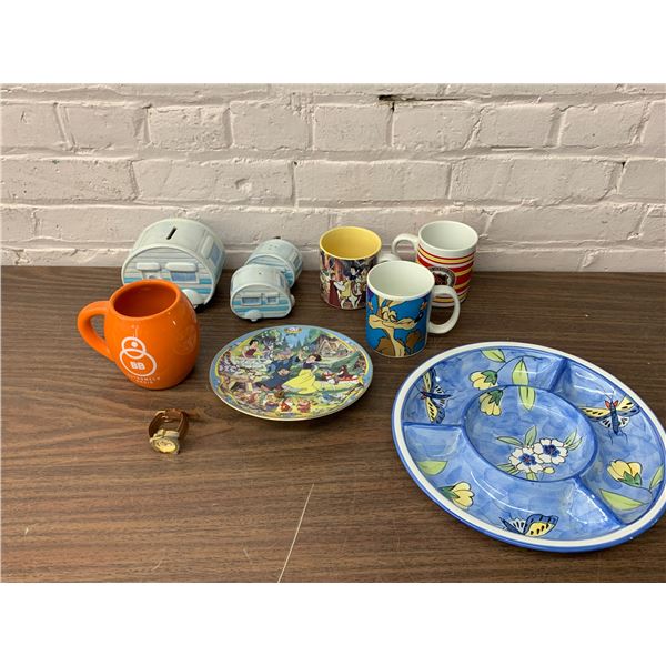 Lot of Disney Snow White Watch, Mug and Music Plate, Assorted Mugs & China, Serving Dish Platter