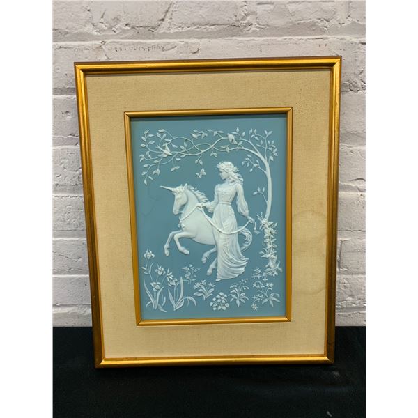 Franklin Mint "The Lady and The Unicorn" Framed Cameo Artwork (some stains) 14" x 18"