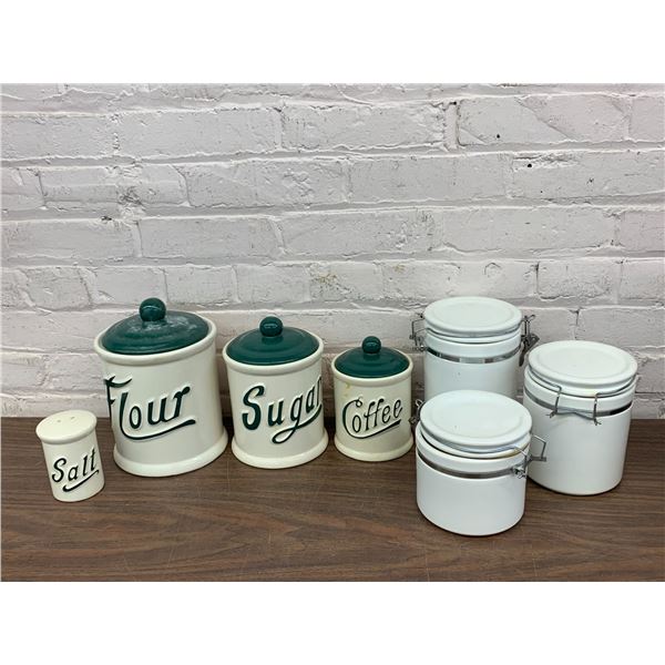 Ceramic Canister Set Flour, Sugar, Coffee, Salt and Plain White Locking Tea Canisters
