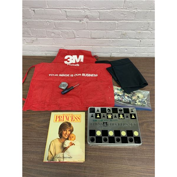 END OF THE RUN Apron, Princess Diana Book, Chess Set, Buttons