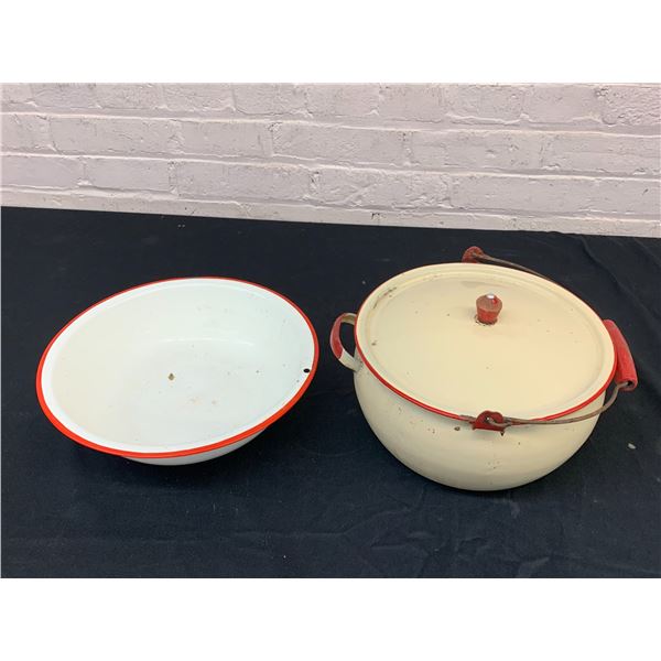 Cast Iron Enamelware Crock w Lid and Bowl