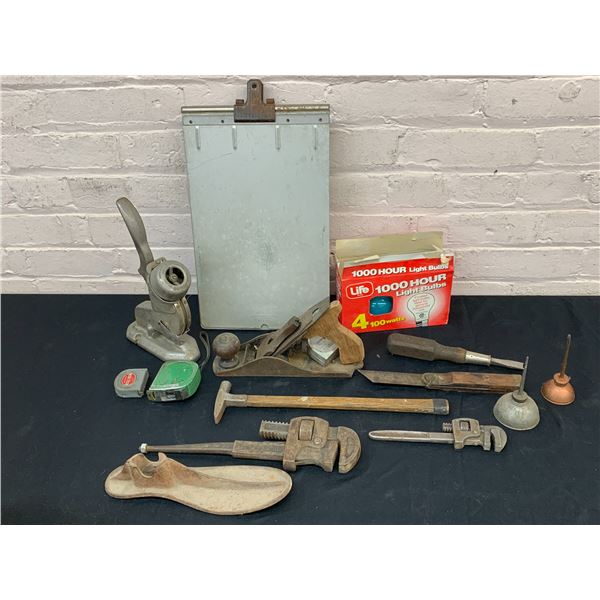 Lot of Misc Vintage Tools Oil Drippers, Wood Planer, Shoe Form, Measuring Tape, Clip Board, etc