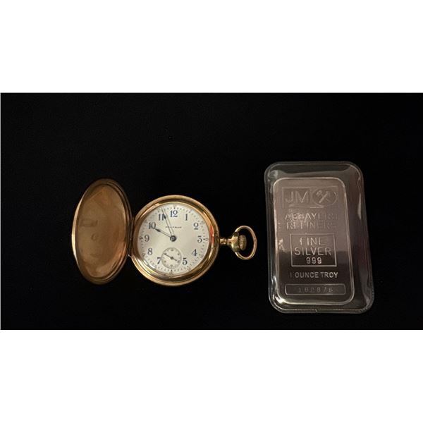 GOLD PLATED WALTHAM LADIES POCKET WATCH & 1OZ SILVER BAR