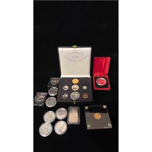 CANADA & UK GOLD AND SILVER COINS; 1967 CENTENNIAL SET, 1OZ SILVER BAR, & UK GOLD HALF SOVEREIGN