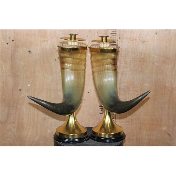 (2) Polished WATER BUFFALO HORN and BRASS Taper Candleholders
