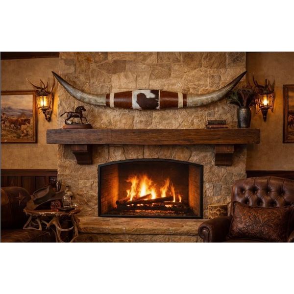 Massive Mounted WATUSI LONGHORN Cross Horns wrapped with Brown and White Cowhide and Tooled Leather