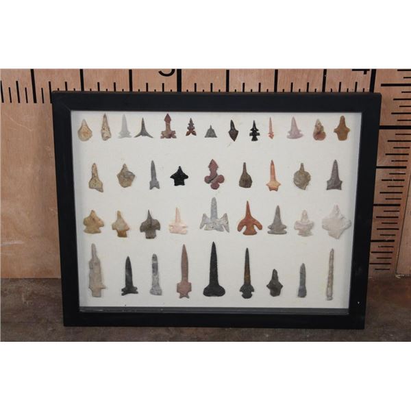 (40) Native American Stone ARTIFACTS, Projectile Points, and Drill Bits in a Display Case