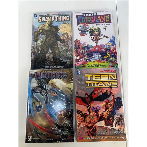 Graphic Novel Lot: Swamp Thing Vol. 5, I Hate Fairyland Vol. 1, Witchblade Vol. 8 & Teen Titans Vol.