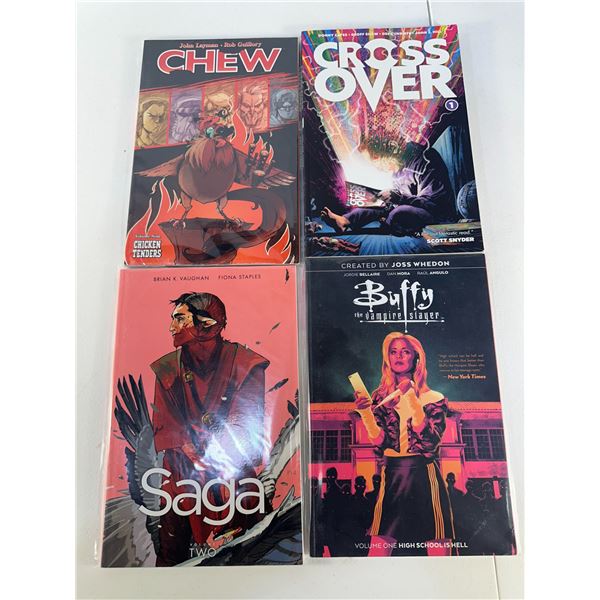 Graphic Novel Lot: Chew Vol. 9, Crossover Vol. 1, Saga Vol. 2 & Buffy the Vampire Slayer Vol. 1