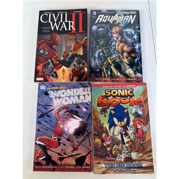 Graphic Novel Lot: Civil War II, Aquaman Vol. 1, Wonder Woman Vol. 1 & Sonic Boom