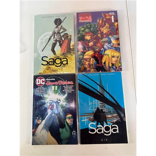Mixed Graphic Novel Lot: Saga Vol. 3 & 6, Marvel Mangaverse Vol. 1, DC Meets Hanna-Barbera