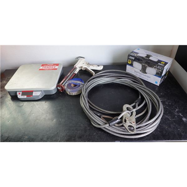 Ohaus Catapult 1000 Scale, FEIT Electric Dual Head Flood Light, Steel Cable, Caulk Gun, Tape, etc