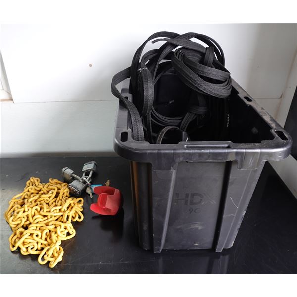 Multiple Padlocks, Yellow Chain, Bin Tie-Down Straps, etc