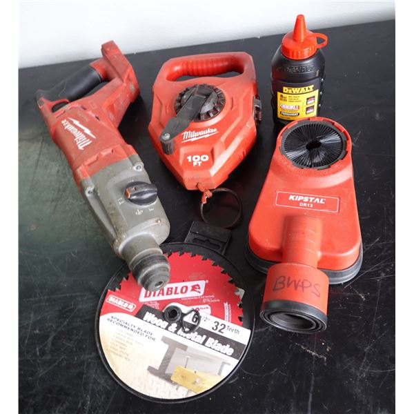 Milwaukee M18 Rotary Hammer, 100-FT Chalk Reel, Kipstal DR13 Drill Guide, Diablo Blade, etc