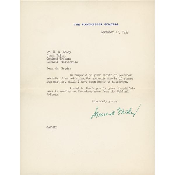 James A. Farley signed letter
