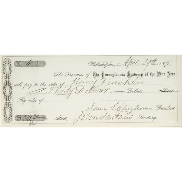1800's Artist John Sartain signed check