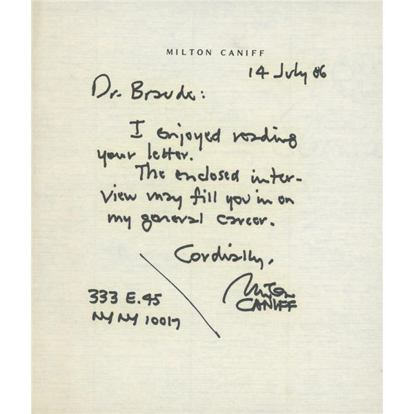 Milton Caniff hand written signed note