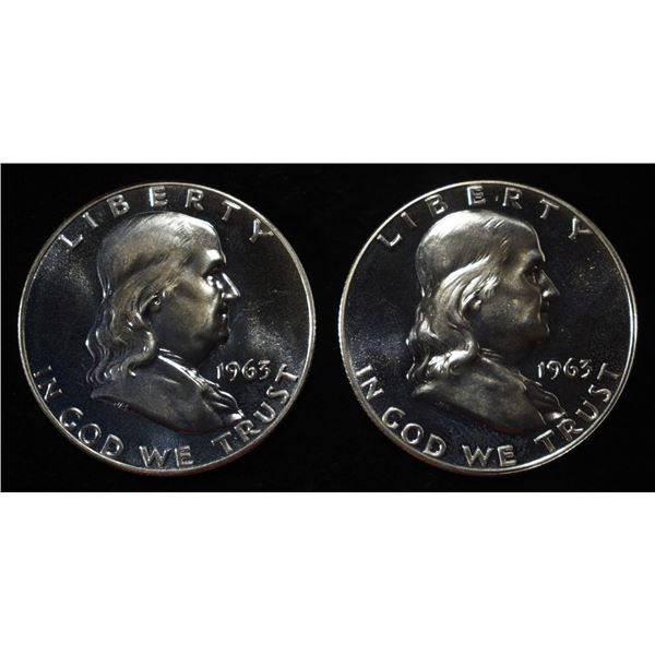 (2) 90% SILVER 1963 FRANKLIN HALF DOLLARS PROOF BU