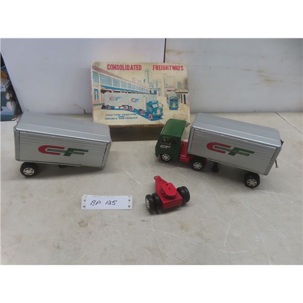 Vintage Consolidated Freightways Friction Tractor and Double Van Trailer with Dolly Hook-Up – In