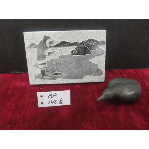 Soapstone Bird Carvings – Qty 4 (5"L × 2¼"W) and 1 Soapstone Eskimo Fishing Carving (6"L × 4"W)