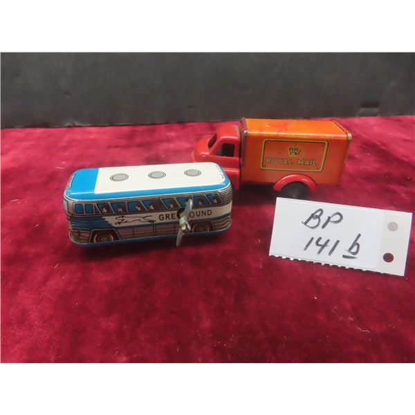 Vintage Greyhound Tin Wind-Up Bus 3"L – Made in Japan, with Key; and Vintage 1950 Wells Brimtoy